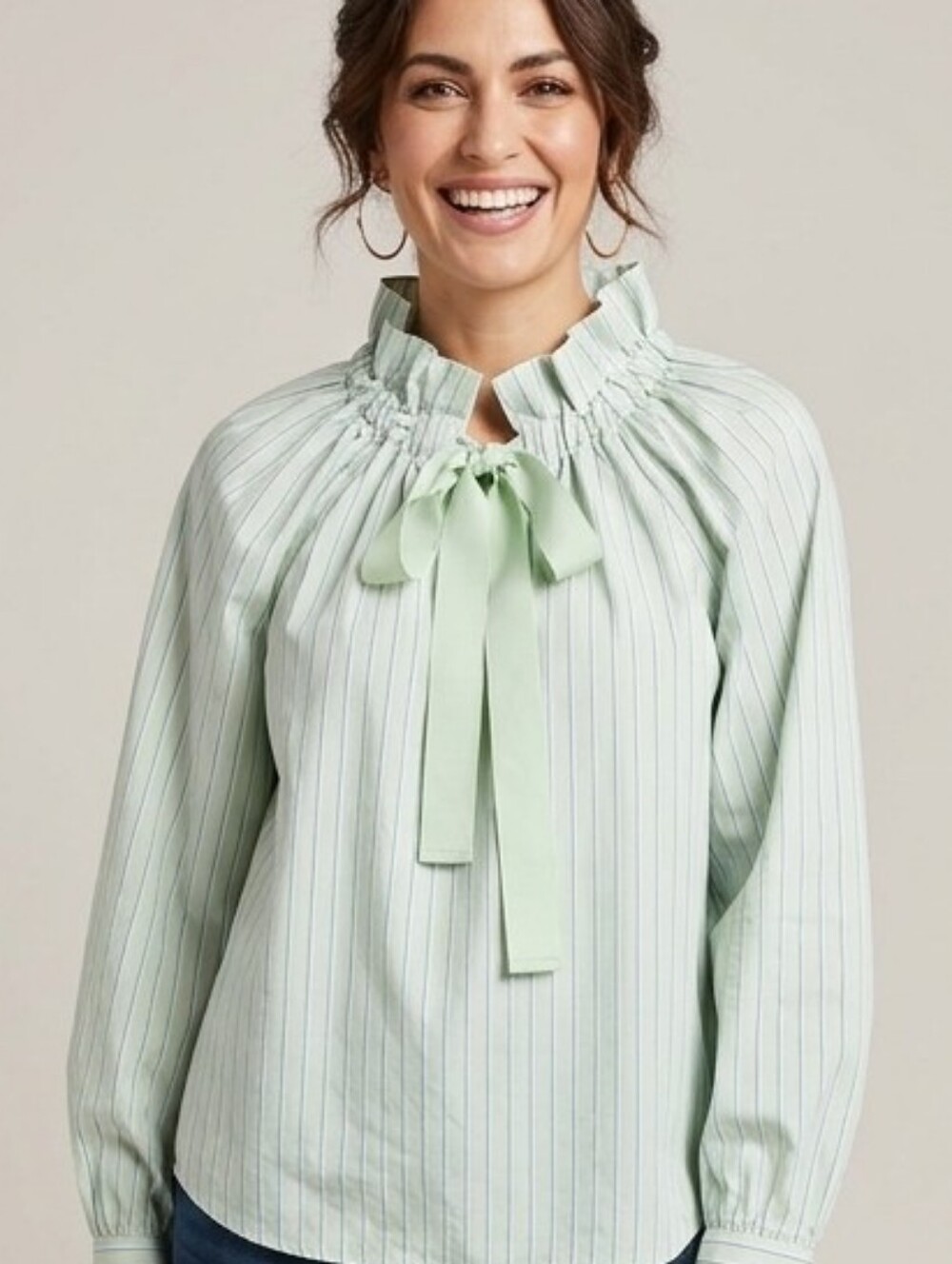 Tie-Neck Ruffle Blouse in Mint Stripe
